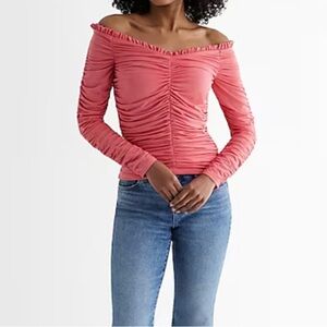Express Pink Off-the-Shoulder Ruched Long Sleeve Top